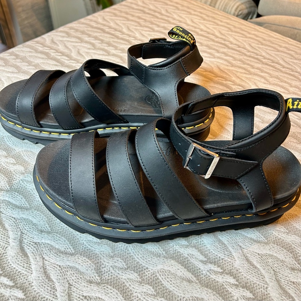 Dr. Martens Black Mens Sandals with Yellow Stitching, like new condition